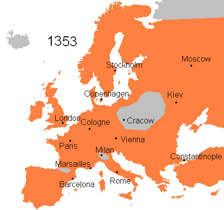 Spread of the black death in Europe in 1353